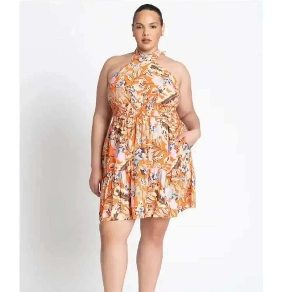 NWT Eloquii Plus Size 24 Halter Flare Mini Dress with Tie Back in Luxe Tropics